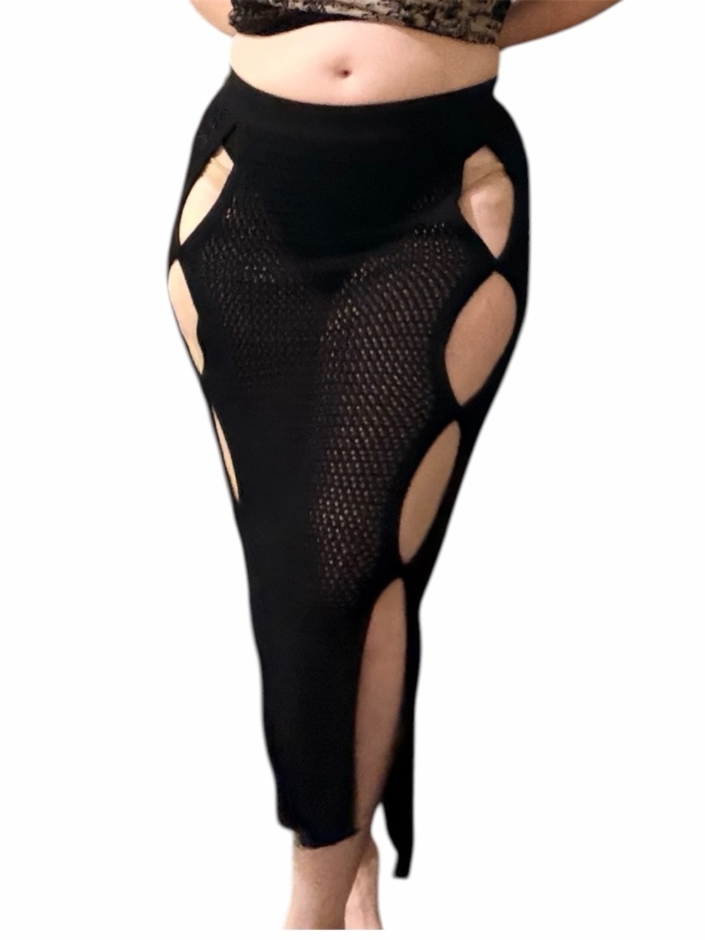 My Boo black fishnet crochet midi skirt swim cover, knit underwear attached, M